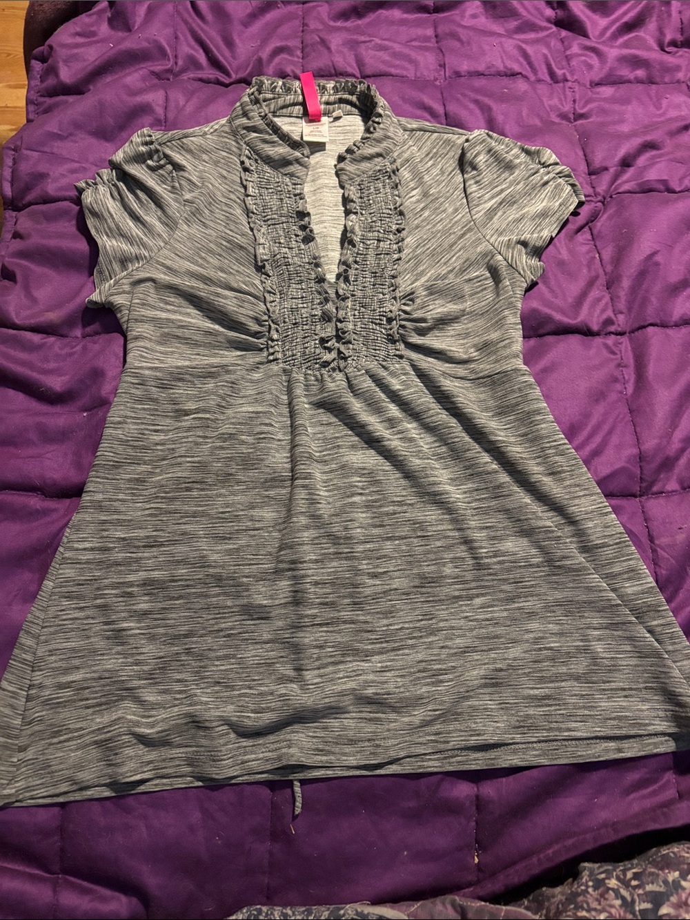 Gray Short Sleeve Ruffled Front Tunic Top